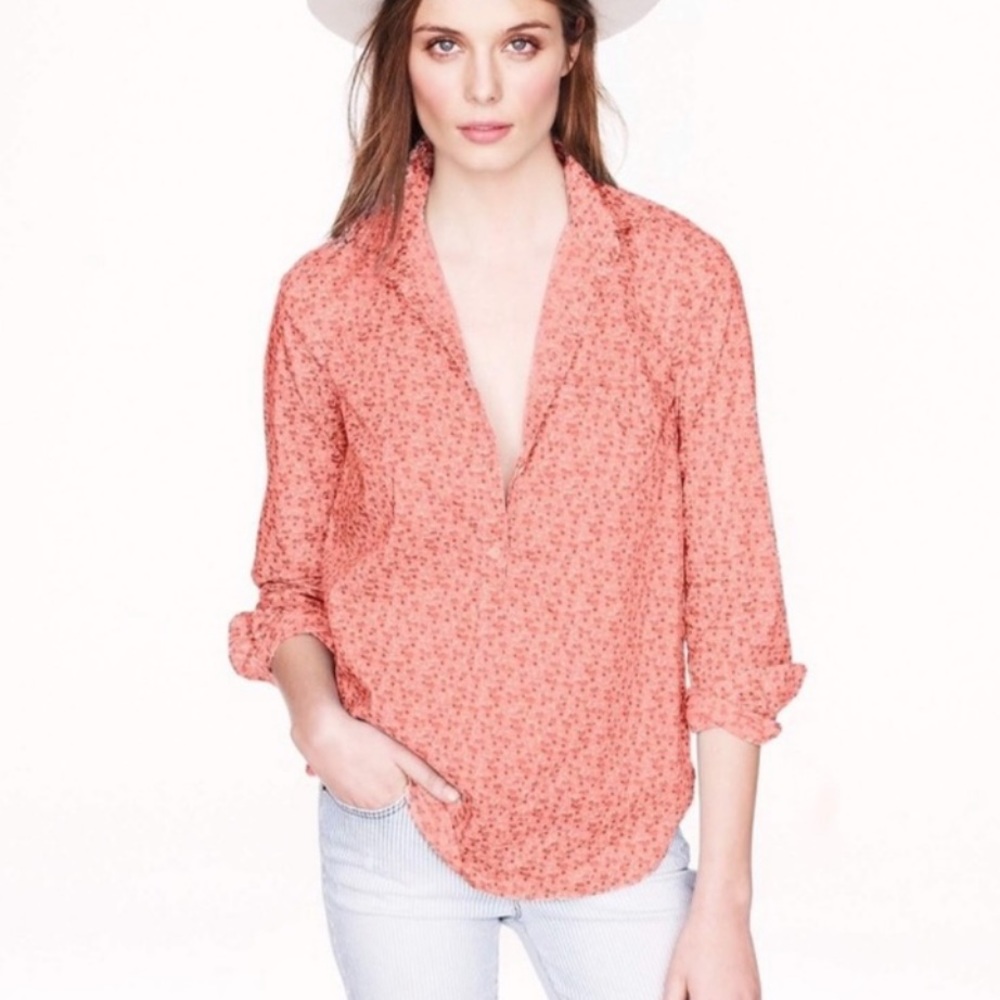 J.Crew Popover Top Floral Cotton Shirt Orange Ditsy Flower Patch Size 00